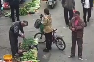 箸を使って女性のポケットから携帯電話を盗み取る中国の「箸スリ」の犯行の瞬間。