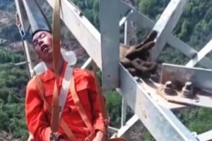 地上50メートルの鉄塔の上で安全帯に身をゆだねて仮眠をとる中国人労働者の動画が人気に。