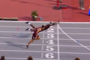 米大学陸上400メートルハードルでフィニッシュラインをスーパーマンスタイルで超えた選手の動画が話題に。