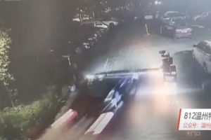 【衝撃】テスラのモデル３が暴走し、物凄い勢いでゲートを突き破り駐車している車に突っ込む映像