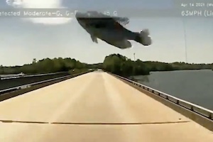 【ドラレコ】これは珍しいｗｗｗトラックのフロントガラスに魚が飛び込む瞬間が撮影される。