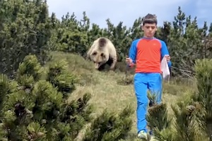 【動画】ハイキング中に巨大なヒグマと近接遭遇してしまった12歳の少年。