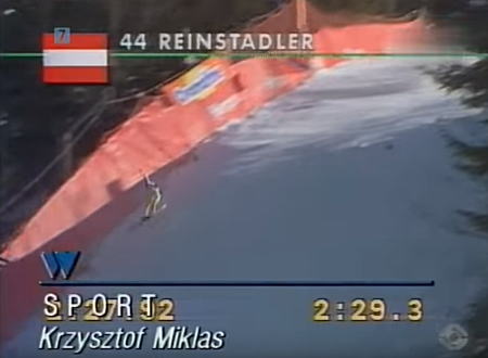 コースに大量の流血。スキー滑降の事故で亡くなったゲルノ・ラインシュタドラー選手の映像。1991年。