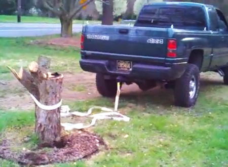 車のパワーで木の根っこを引き抜こうとする人たちの映像集。成功のも車痛めるだろｗ