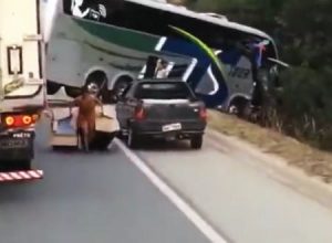 大型バスとトラックの事故現場で負傷者そっちのけで積み荷を盗みまくる人たち。ブラジル。