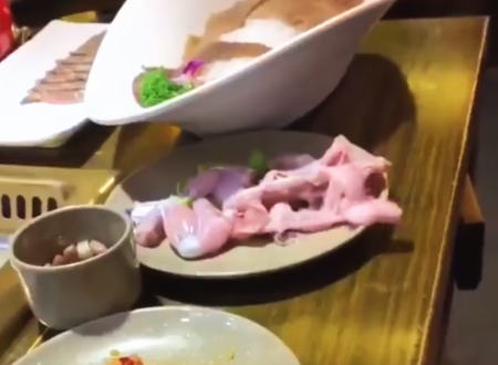 カット済みのお肉がお皿から逃げ出すという動画が大話題に。（音量注意）