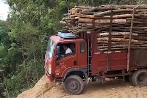 高難度。木材満載のトラックで泥濘んだ坂道に挑む中国のビデオ。