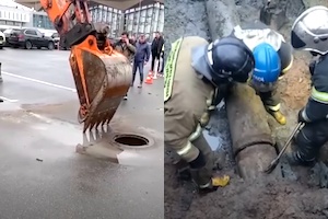 【動画】下水管の男救出作戦。直径30センチの下水管の奥深くに挟まっていた男が救助される。