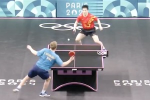 パリ五輪、卓球の決勝戦で魔球を成功させたトルルス・モーレゴード選手の動画。