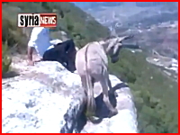 崖の際で落ちまいと踏ん張っているロバさんを蹴落として喜ぶ男たち。シリア